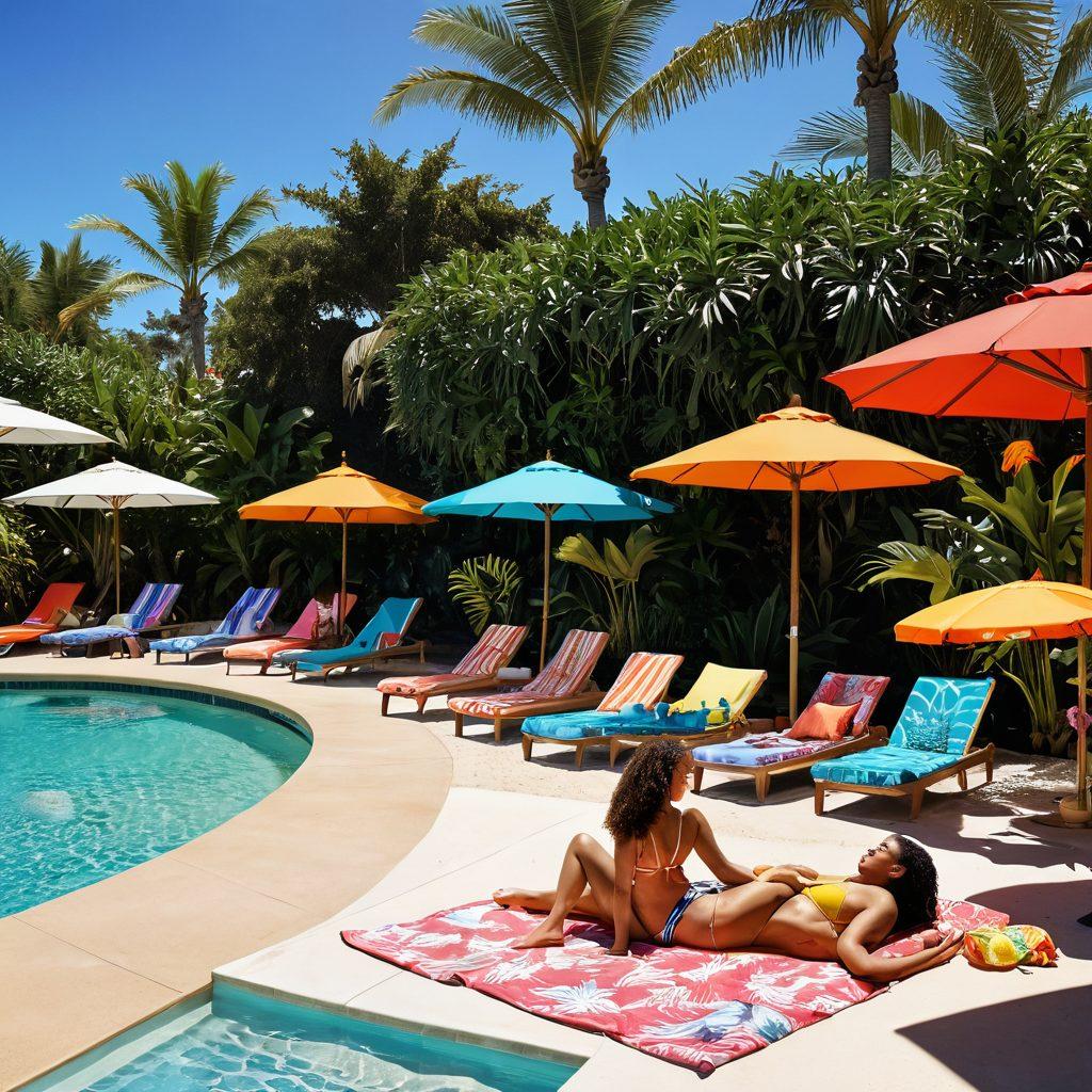 A sun-drenched scene showcasing a chic poolside area transitioning into a vibrant beachfront. In the foreground, a diverse group of women of various body types and ethnicities flaunting trendy bikinis, surrounded by tropical plants and colorful beach towels. Soft waves crashing in the background with beach umbrellas and playful beach activities. The atmosphere is sunny and lively, embodying the essence of summer fashion. super-realistic. vibrant colors. 3D.