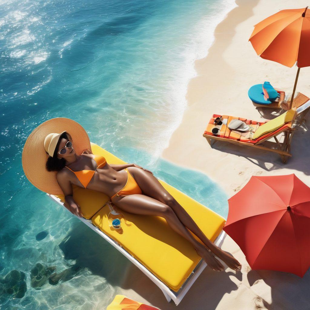 A stylish beach scene featuring diverse models showcasing trendy swimwear looks for the year, surrounded by vibrant umbrellas, sun loungers, and a crystal-clear ocean in the background. Incorporate splashes of color with beach accessories like hats and sunglasses. The atmosphere should be lively and inviting, capturing the essence of summer fashion. colorful and bright. super-realistic. natural sunlight.